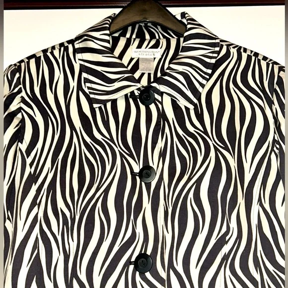 Worthington Zebra Print Trench Coat XL NWOT Stretch Black/White Cotton Funky - Picture 2 of 12